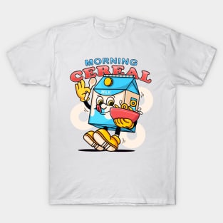 Morning cereal, milk box cartoon mascot eating cereal T-Shirt